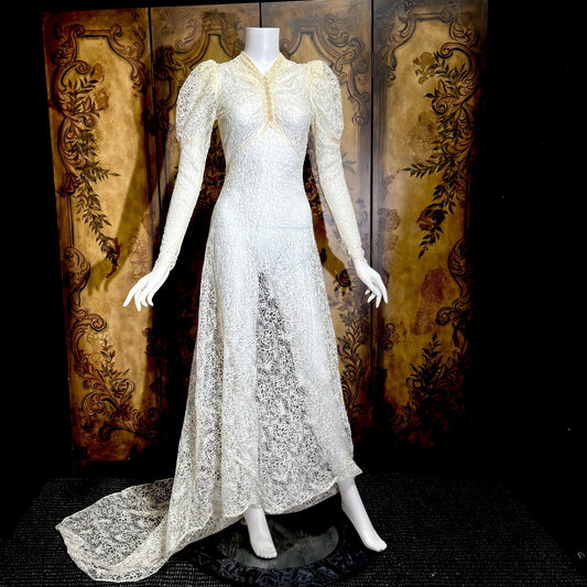 1940s vintage wedding dress, White sheer lace long sleeve sheath gown with train