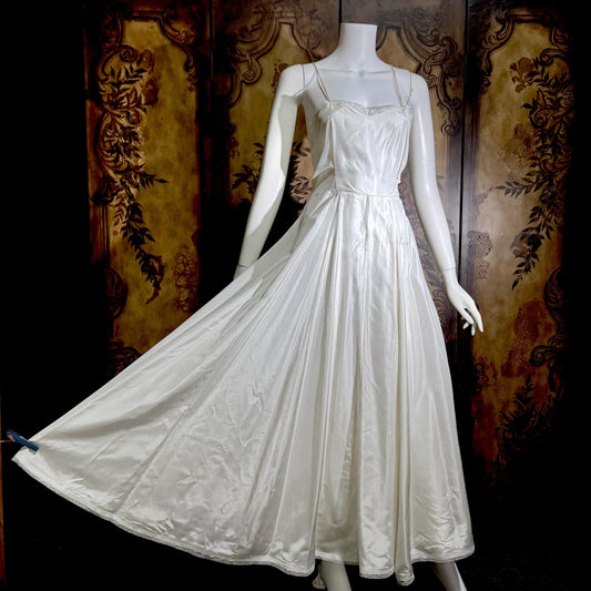 vintage 1940s wedding slip, shiny satin full sweep gown for under dress