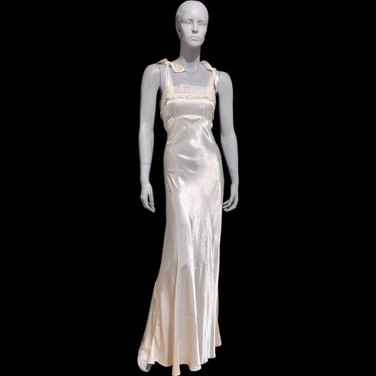 1940s vintage Nightgown slip dress, Shiny bias cut white full length night dress