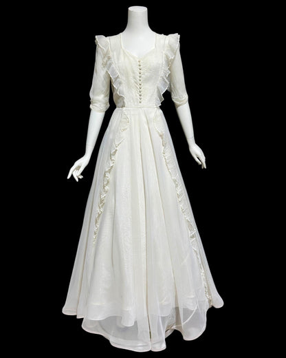 1940s vintage evening dress, White mesh ruffle wedding prom dress with full skirt