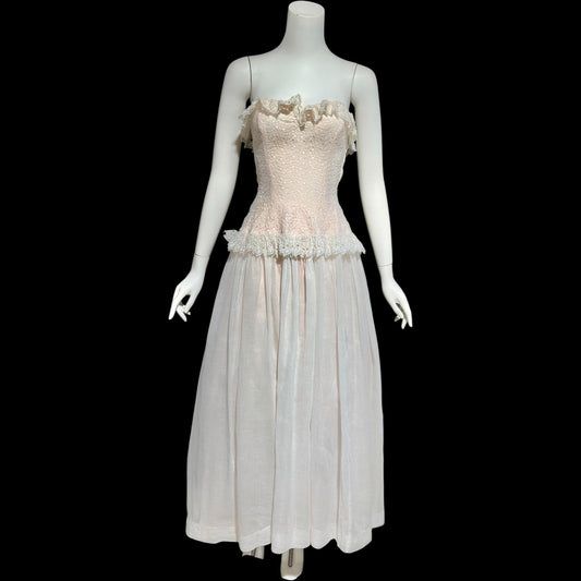 1940s vintage dress gown, soft petal pink and white cotton eyelet, with white organdy evening wedding gown