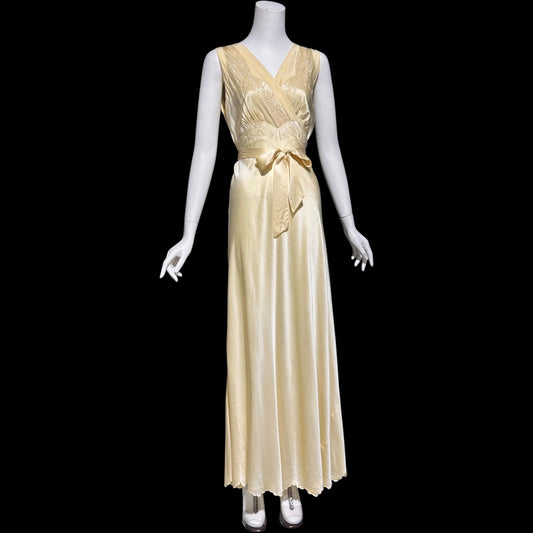 1940s vintage Silk Nightgown slip dress, Butter yellow bias cut embroidered lace slip dress