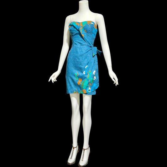 THE HAWAIIAN SHOP, vintage 1950s Hawaiian sarong dress, Blue abstract floral cotton summer day sundress