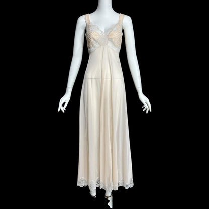 ROGERS vintage 1950s nightgown slip dress, ethereal soft peach chiffon and lace pin tucks, full length