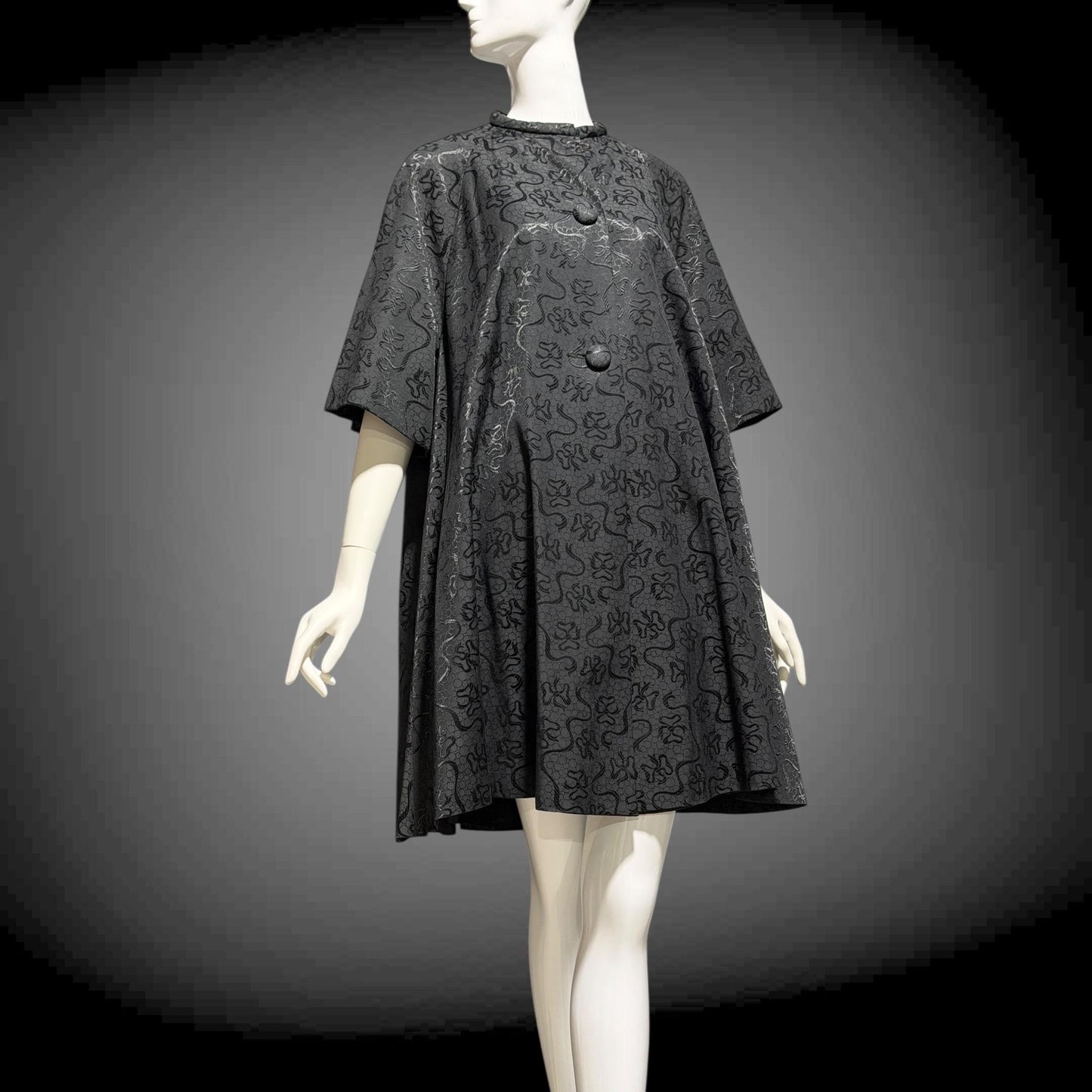 1950s Vintage evening swing coat, Black silk jacquard garland and bows opera coat