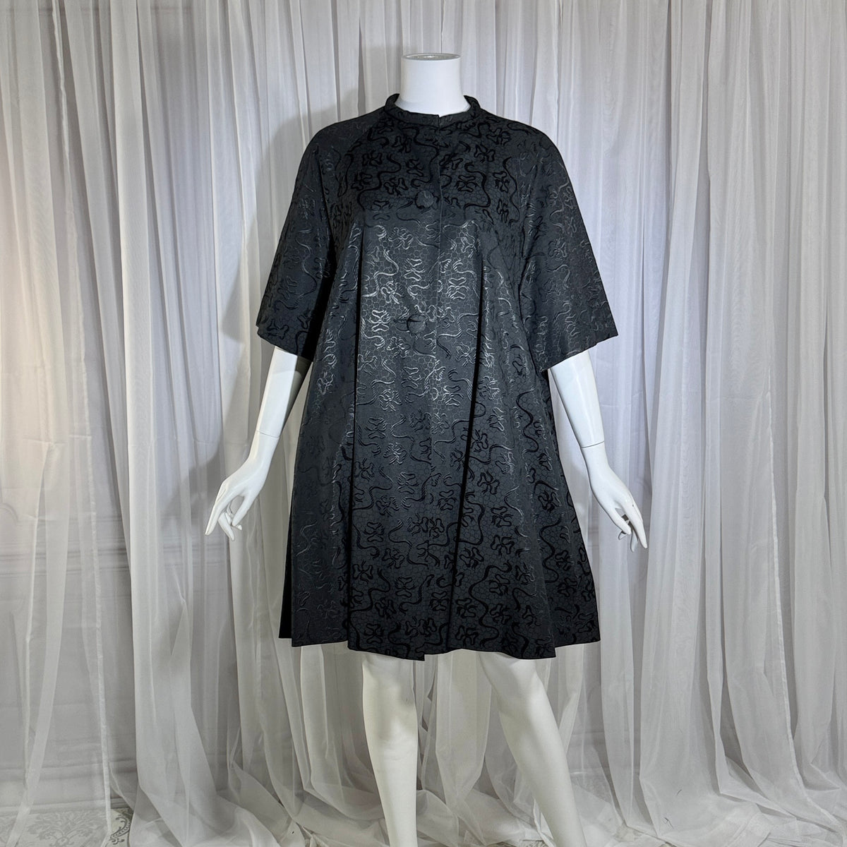 1950s Vintage evening swing coat, Black silk jacquard garland and bows opera coat