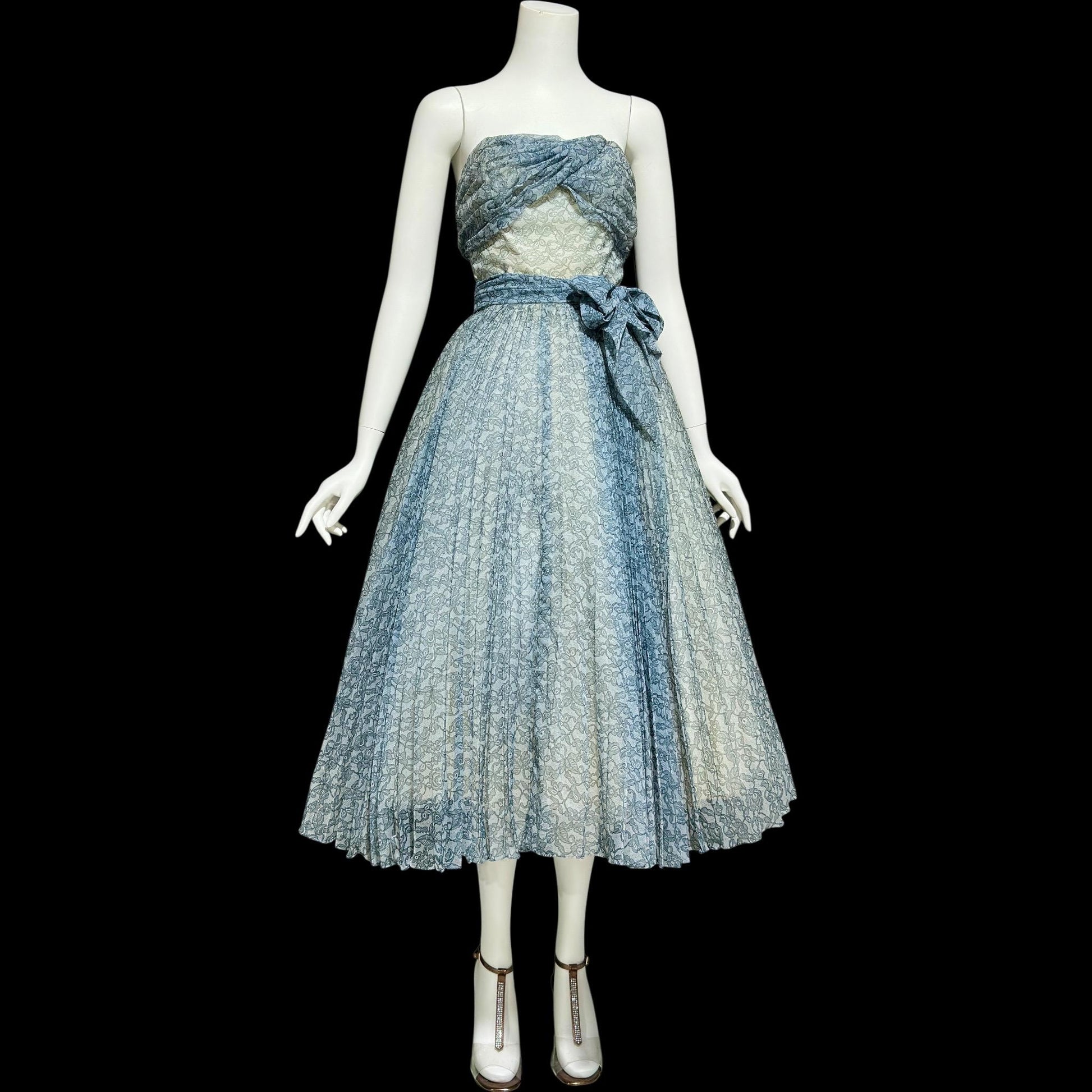 1950s vintage Pleated Party Dress: Slate Blue Grey floral strapless Cocktail Prom Dress