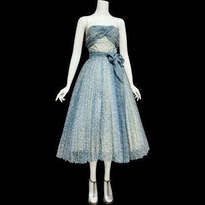 1950s vintage Pleated Party Dress: Slate Blue Grey floral strapless Cocktail Prom Dress