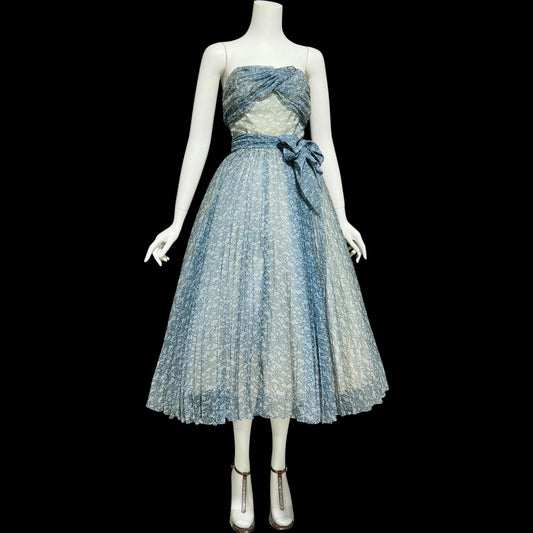 1950s vintage Pleated Party Dress: Slate Blue Grey floral strapless Cocktail Prom Dress
