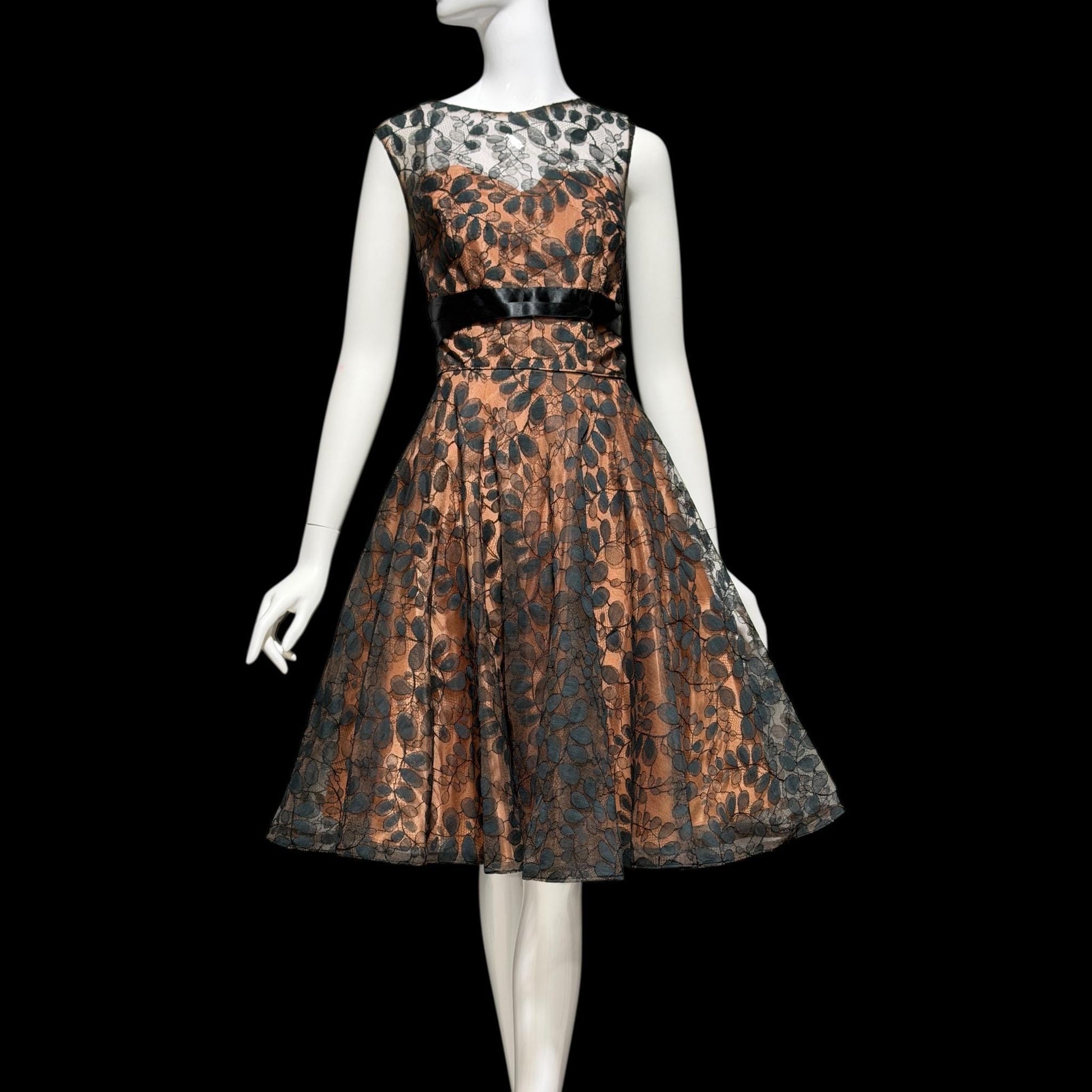 1950s vintage evening party dress, black lace fit flare cocktail dress, Medium