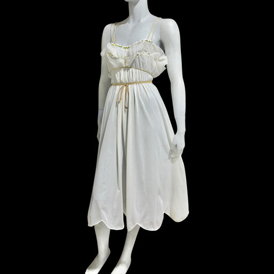 EYEFUL vintage 1950s nightgown slip dress, ethereal fairy garden nymph white nylon w/ lilies of the valley