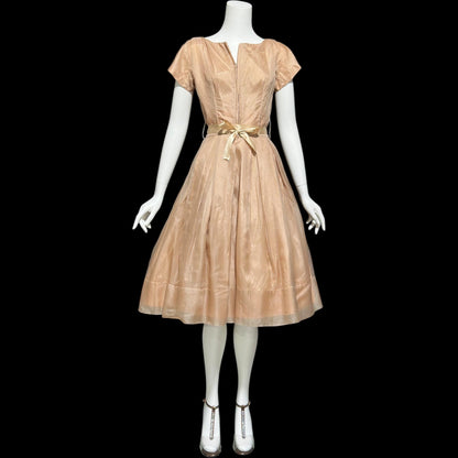 GIGI YOUNG, vintage 1950s dress, Toasty Caramel organza cocktail party dress, pleated fit & flare evening dress