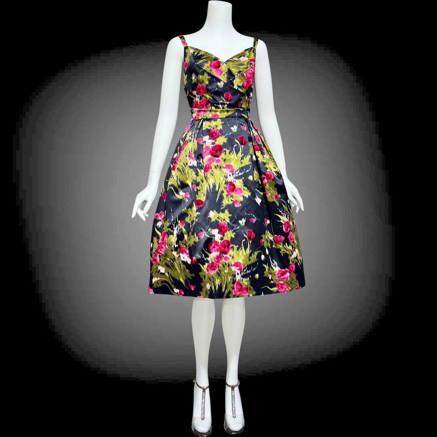 I. MAGNIN vintage 1950s evening dress, black floral cocktail party dress, Black with magenta poppies