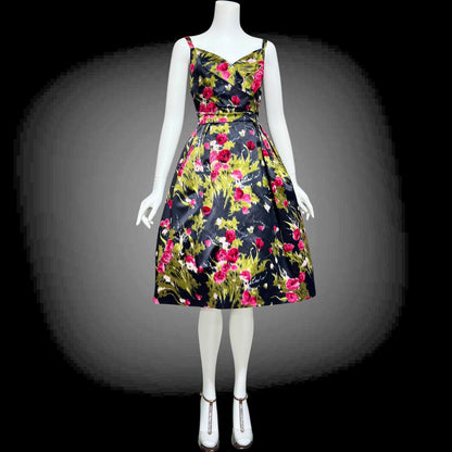I. MAGNIN vintage 1950s evening dress, black floral cocktail party dress, Black with magenta poppies