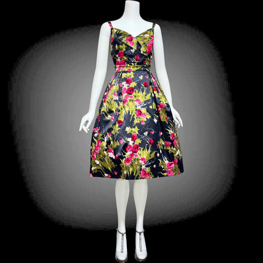 I. MAGNIN vintage 1950s evening dress, black floral cocktail party dress, Black with magenta poppies
