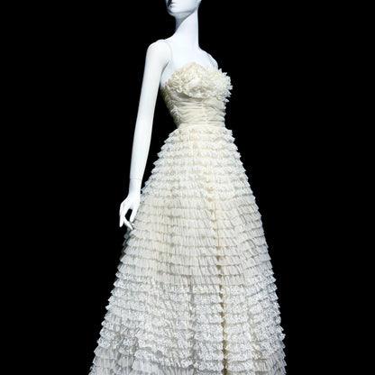 1950s vintage wedding prom gown, off white tiered lace and tulle cupcake dress, ruffled meringue ball gown
