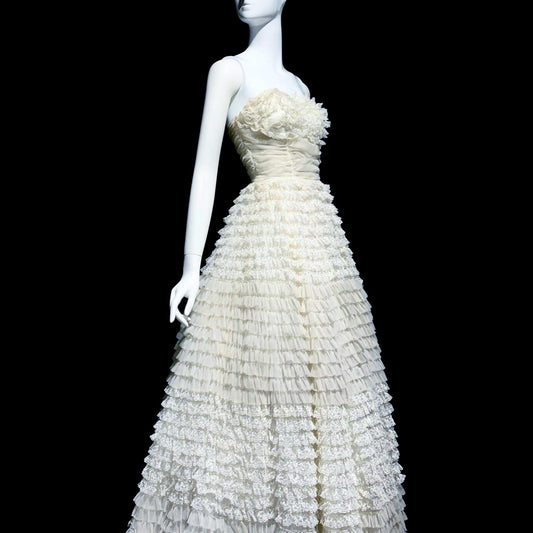 1950s vintage wedding prom gown, off white tiered lace and tulle cupcake dress, ruffled meringue ball gown