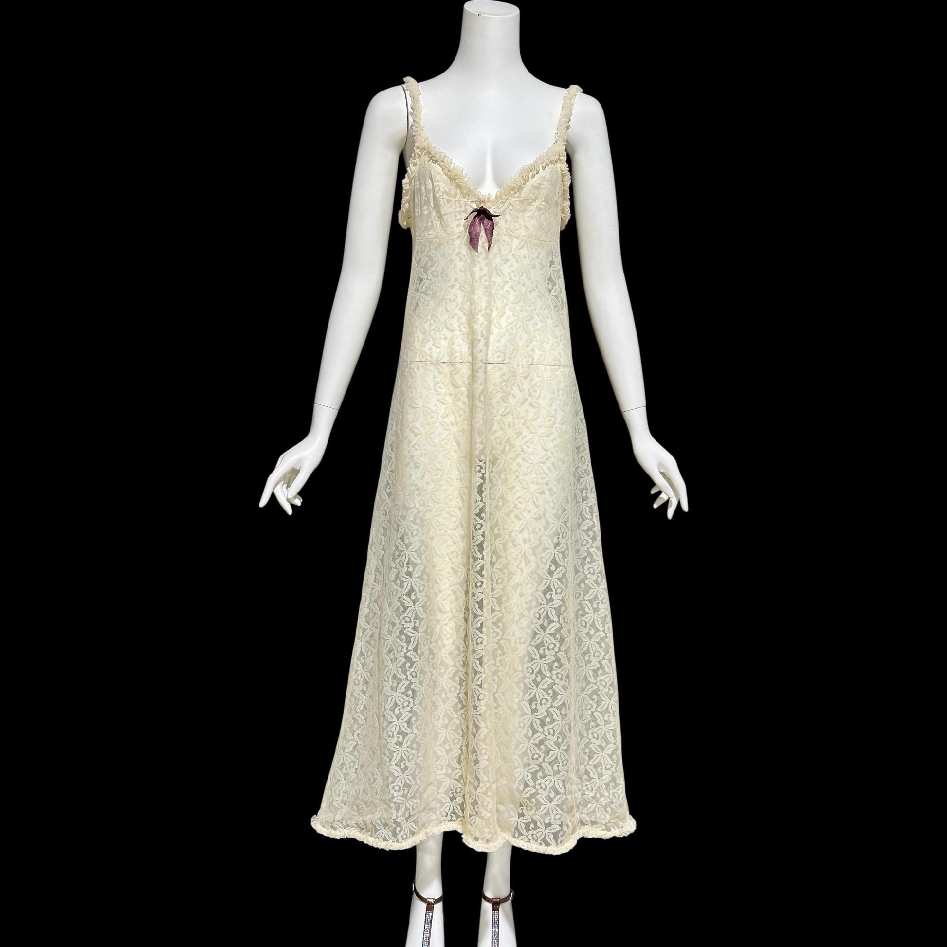 1950s vintage nightgown slip dress, ethereal sheer creamy lace night dress with ruffles