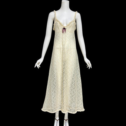 1950s vintage nightgown slip dress, ethereal sheer creamy lace night dress with ruffles