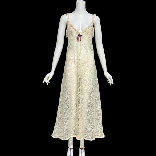 1950s vintage nightgown slip dress, ethereal sheer creamy lace night dress with ruffles