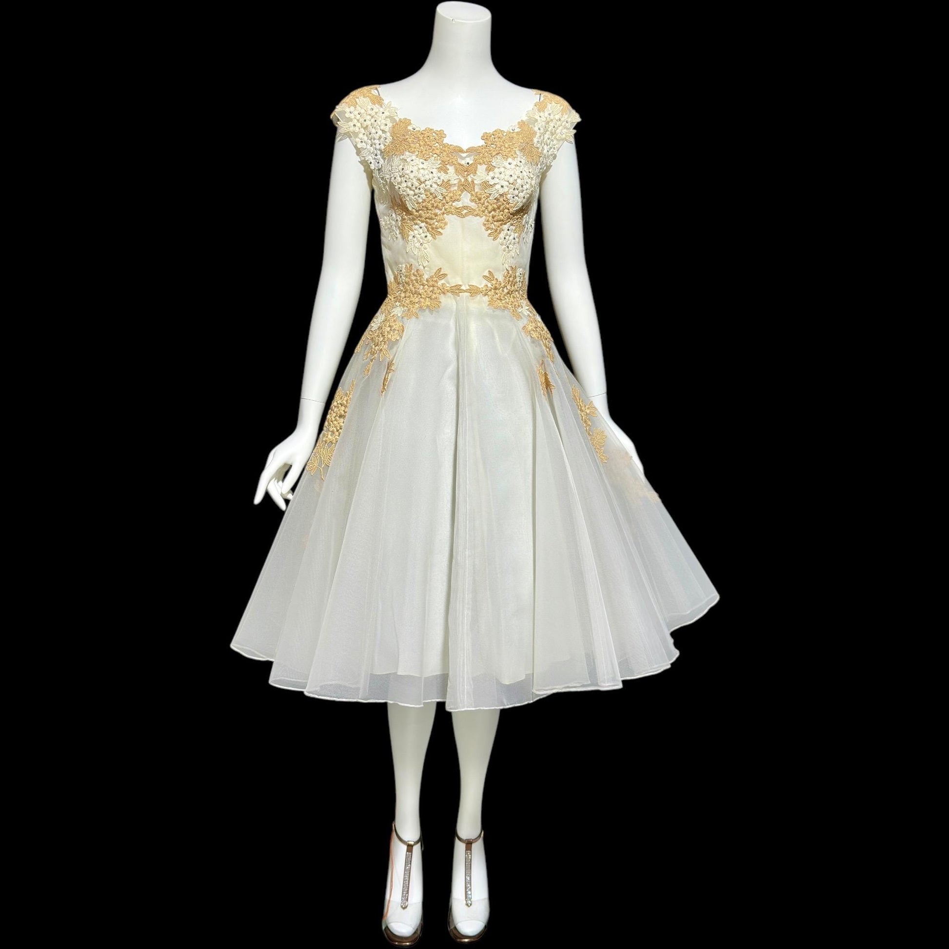 PEGGY HUNT, vintage 1950s dress, white and ecru lace rhinestones fit and flare cocktail party formal wedding dress, 34 bust