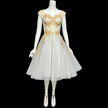 PEGGY HUNT, vintage 1950s dress, white and ecru lace rhinestones fit and flare cocktail party formal wedding dress, 34 bust