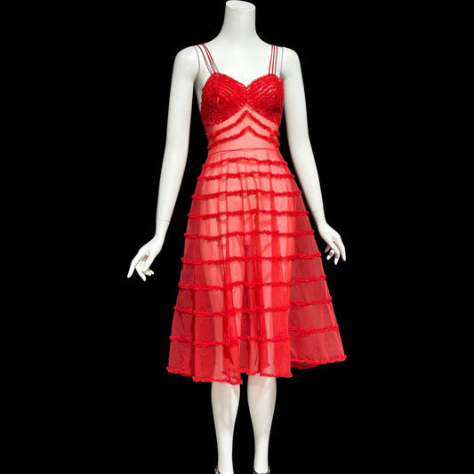 1950s vintage nightgown slip dress, sheer nylon lipstick red ruffled twirling night dress