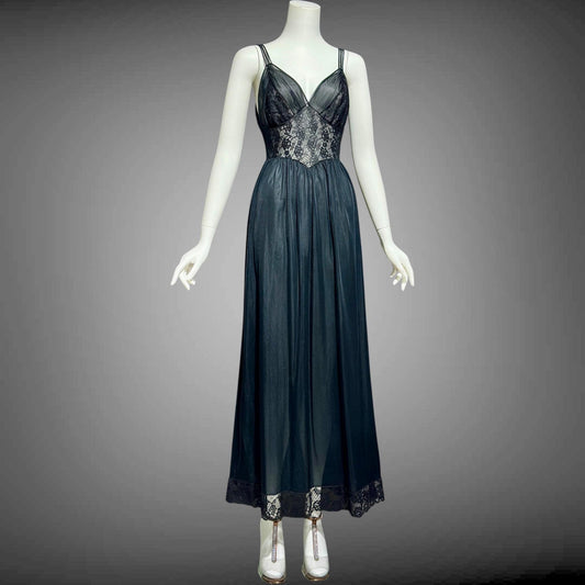 Rogers vintage 1950s Black Lace Nylon Nightgown Slip Dress