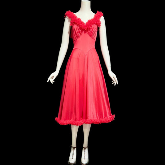 ROGERS, vintage 1950s nightgown slip dress, vibrant coral salmon ruffled twirling night dress