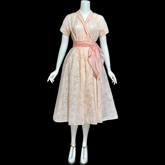 SAKS FIFTH AVENUE vintage 1950s dressing gown house dress, pink flocked floral wrap dress
