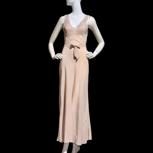 PEONY vintage 1950s Silk Nightgown slip dress, Dusty Pink bias cut hand embroidered gown