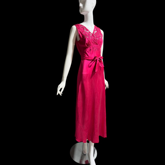 PEONY vintage 1950s Silk Nightgown Slip Dress: Made in SHANGHAI Embroidered Magenta bias cut gown