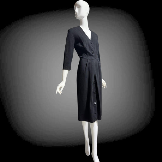 TRICOSA PARIS vintage 1950s coat dress, black knit bombshell wiggle dress, button front