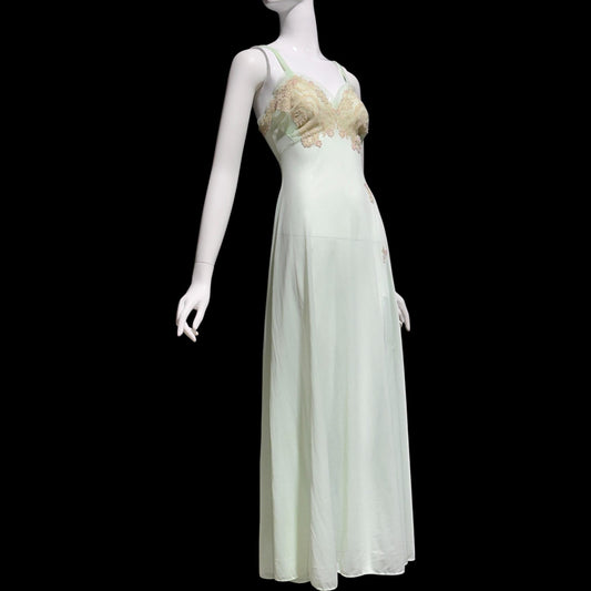 VAN RAALTE MYTH vintage 1950s Nightgown Slip Dress: Pale celadon green Nylon beaded night Dress