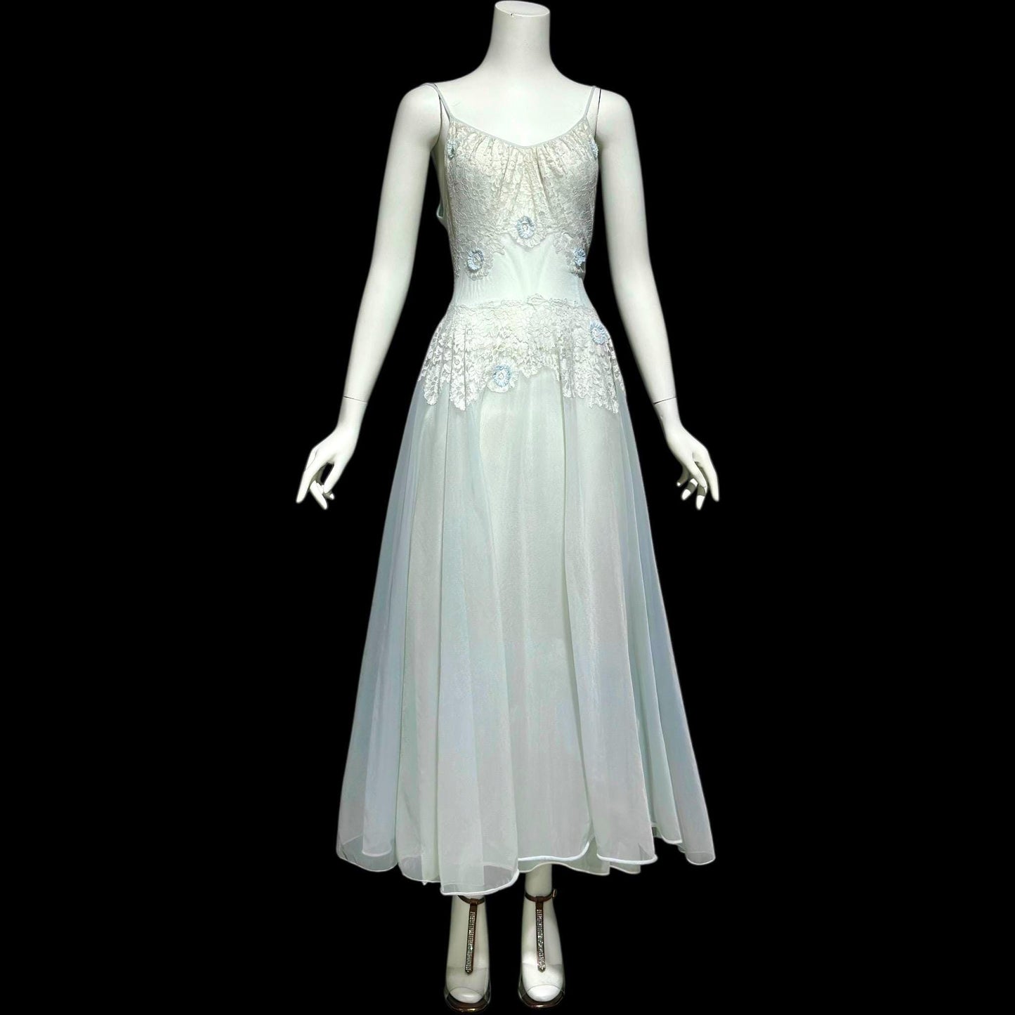 VANITY FAIR, vintage 1950s Nightgown Slip Dress, Sheer Powder Blue Nylon and Lace House Dress