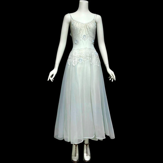 VANITY FAIR, vintage 1950s Nightgown Slip Dress, Sheer Powder Blue Nylon and Lace House Dress