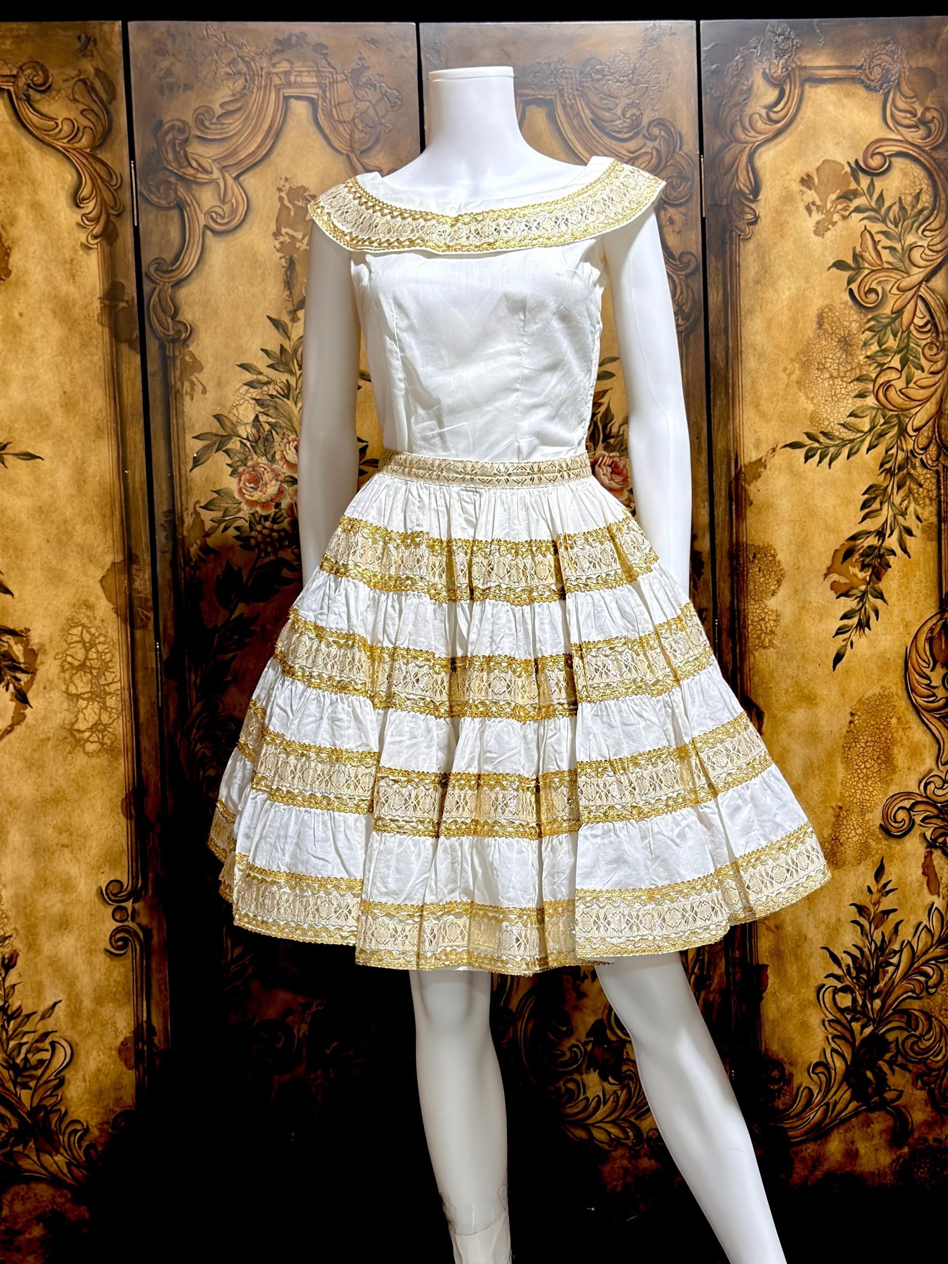 1950s vintage Patio Fiesta Dress, White Cotton Gold metallic 2 pc dress top & skirt