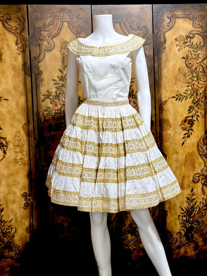 1950s vintage Patio Fiesta Dress, White Cotton Gold metallic 2 pc dress top & skirt
