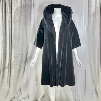 Vintage 1950s evening coat, Black cotton velvet cocktail swing trapeze opera coat Medium