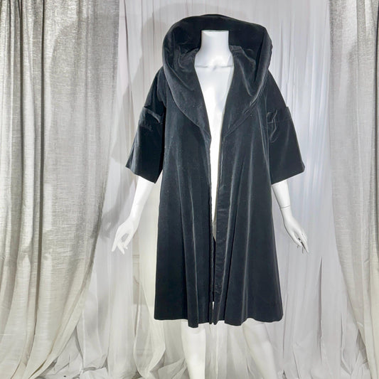 Vintage 1950s evening coat, Black cotton velvet cocktail swing trapeze opera coat Medium