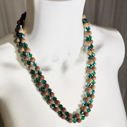 1950s vintage necklace, Faceted Iridescent Green Glass with Gold Metal Beads 2 Strand necklace