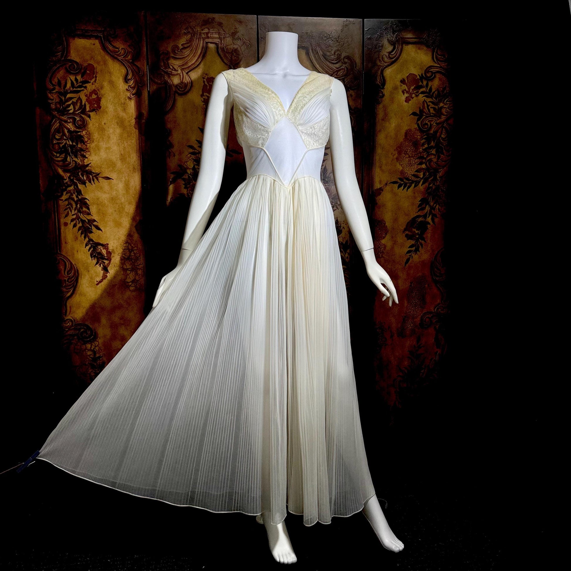 1950s vintage nightgown slip dress, White micro pleat nylon lingerie dress