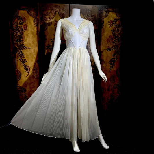 1950s vintage nightgown slip dress, White micro pleat nylon lingerie dress