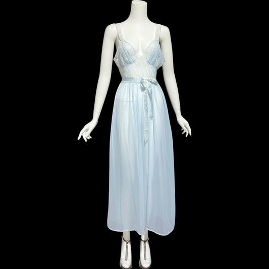 ROGER'S RUN-PROOF 1950s vintage Nightgown: powder blue sheer Nylon Slip Dress with white embroidery