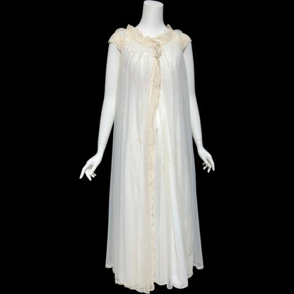 SAKS FIFTH AVENUE, vintage 1950s peignoir set, sheer white bridal nightgown slip dress and dressing gown