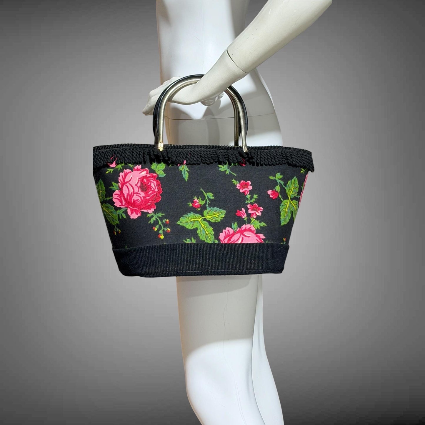1950s vintage tote handbag purse, Black cotton fringe back with roses, top handle basket purse