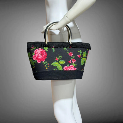 1950s vintage tote handbag purse, Black cotton fringe back with roses, top handle basket purse