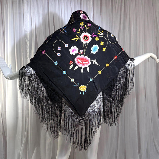 1960s Vintage Spanish Shawl, Black Embroidered Roses Fringe wrap, Piano shawl, 38 inches