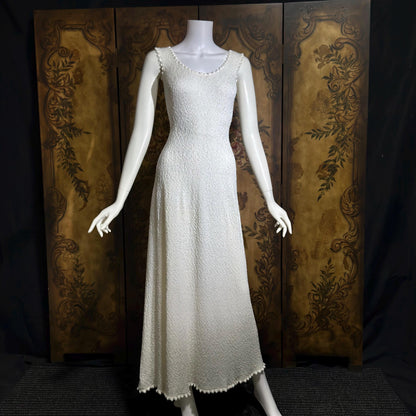 1960s Vintage crochet knit dress, white maxi bodycon evening party dress, stretchy