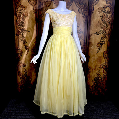 1960s Vintage evening dress gown, yellow lemon chiffon beaded prom ball gown